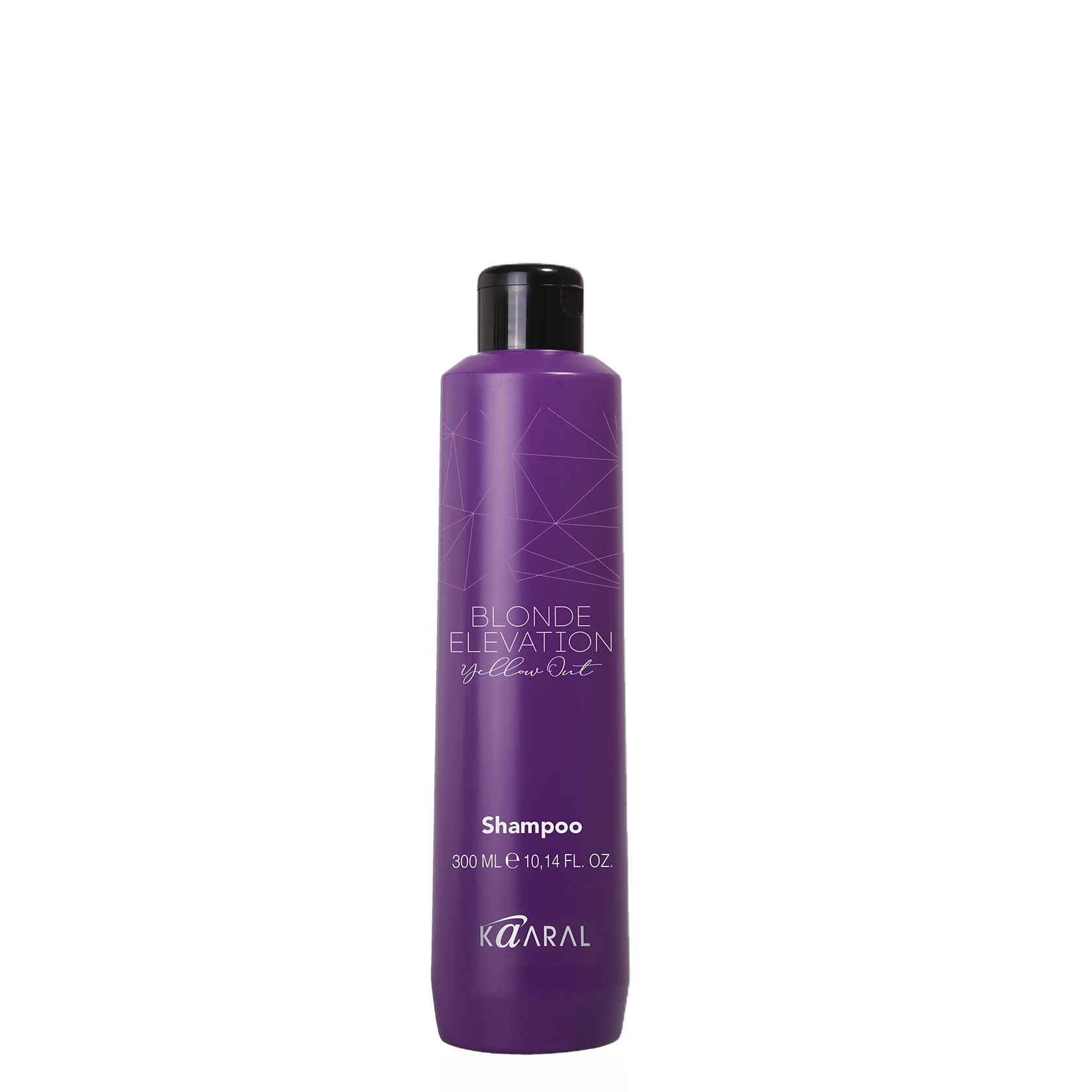 Tall purple Kaaral shampoo bottle on a black background
