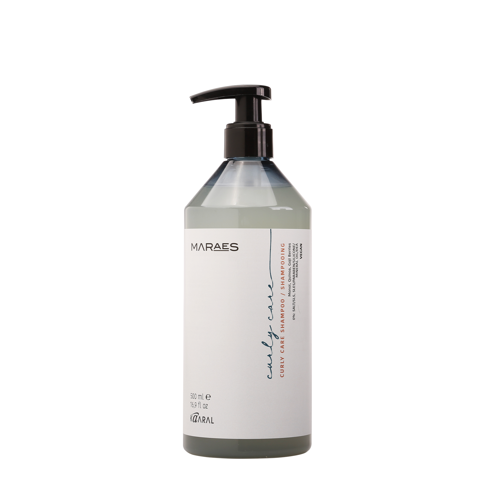 Clear Maraes pump bottle on a black background