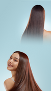 Hair comparison graphic with a smiling woman on a turquoise panel