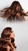 Back view of long, voluminous, wavy brown hair at the top and side profile of a woman with full, shiny waves at the bottom, set against a light background with ample negative space for mobile banner content.