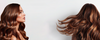 Two views of long, voluminous, wavy brown hair framing a light background with open space in the center for banner content.
