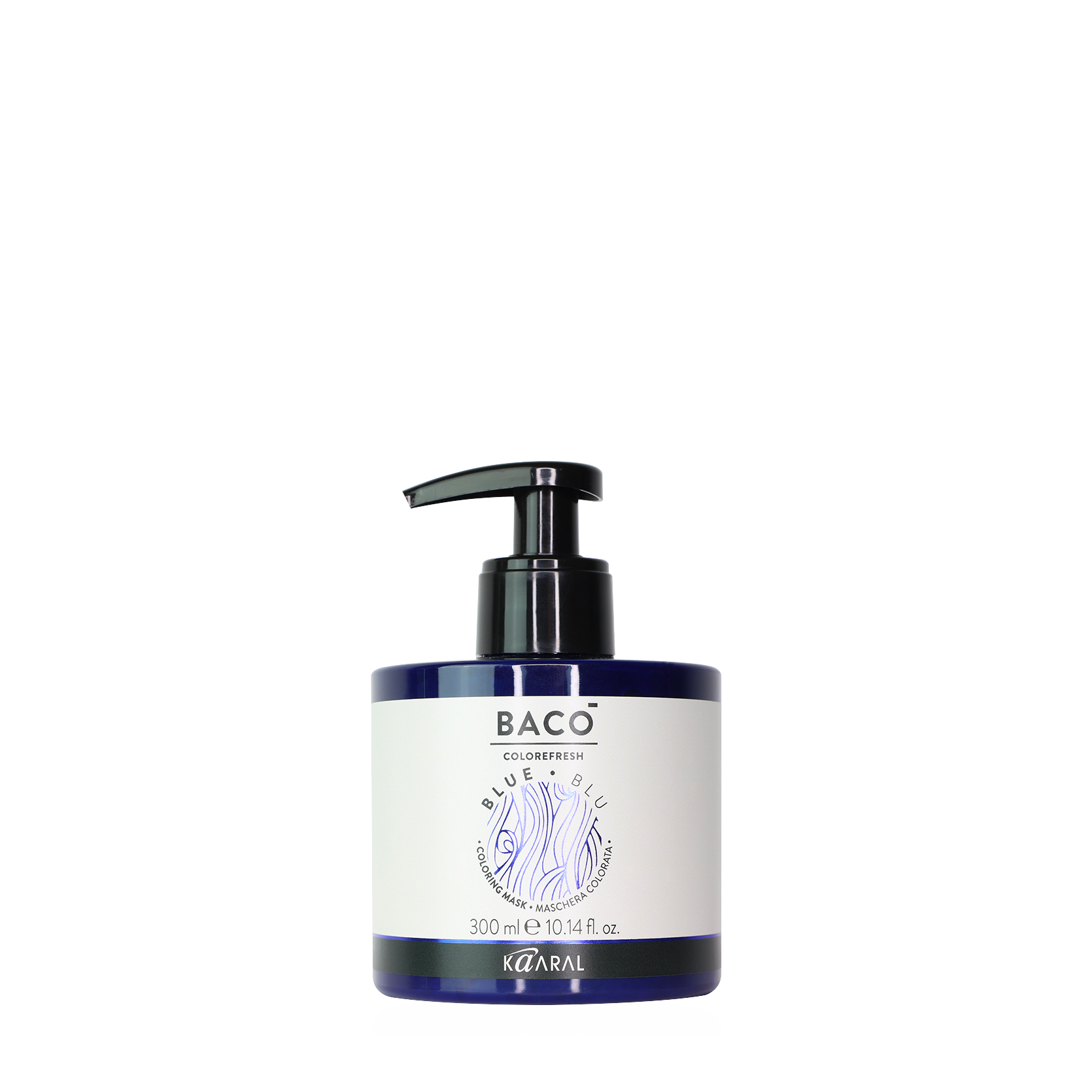 Baco pump bottle filled with blue liquid on a black background