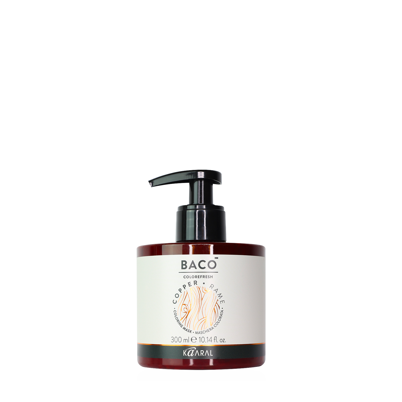 Baco pump bottle filled with red liquid on a black background