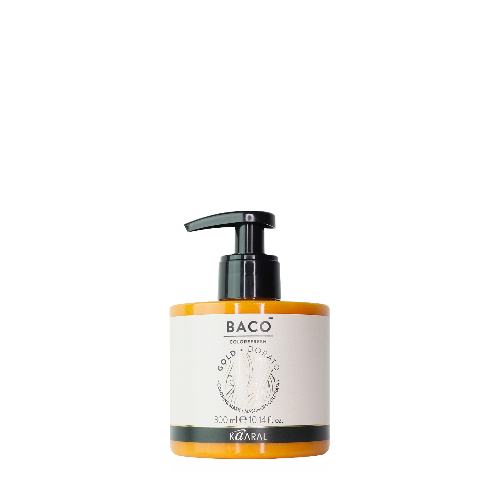 Baco pump bottle filled with orange liquid on a black background