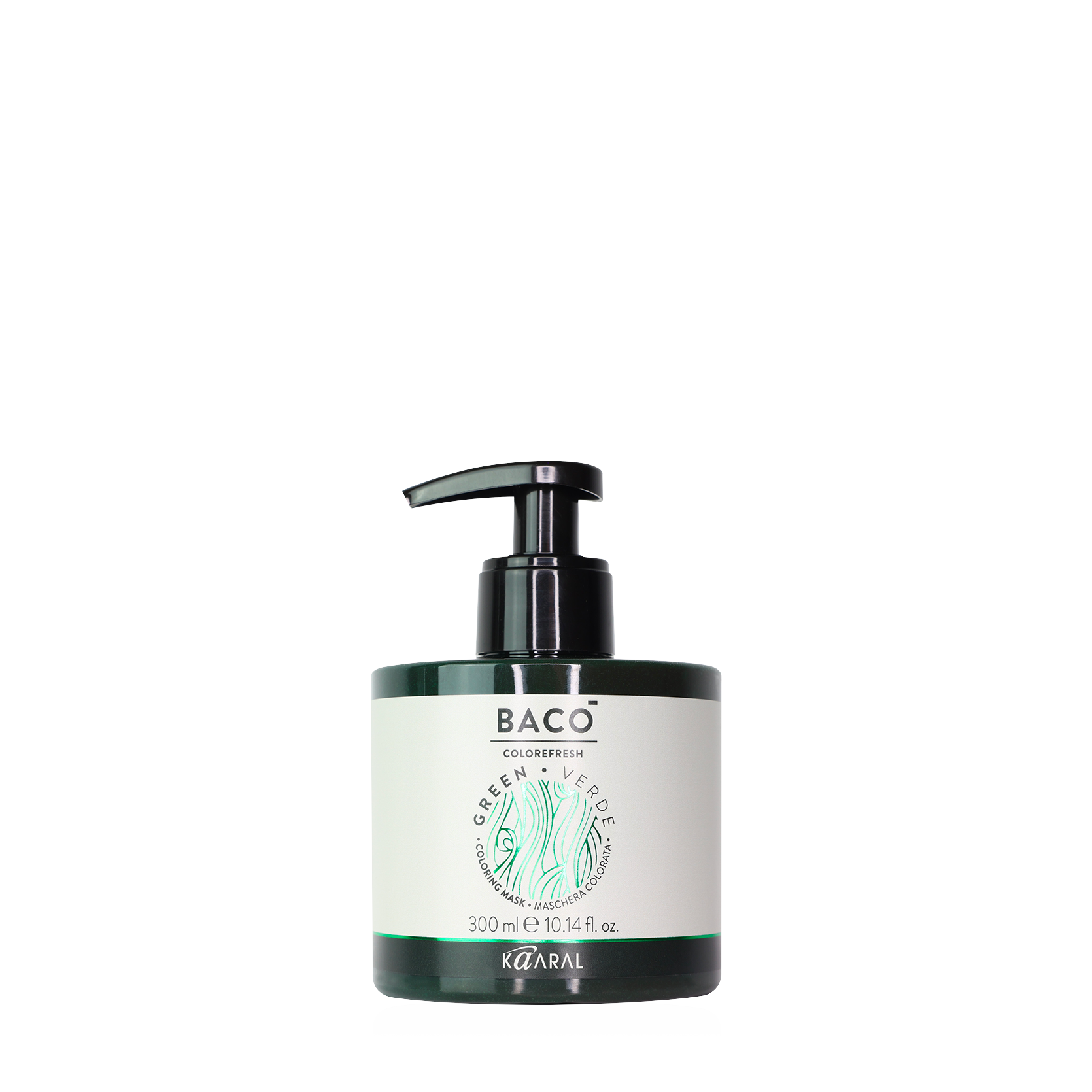 Baco pump bottle filled with green liquid on a black background