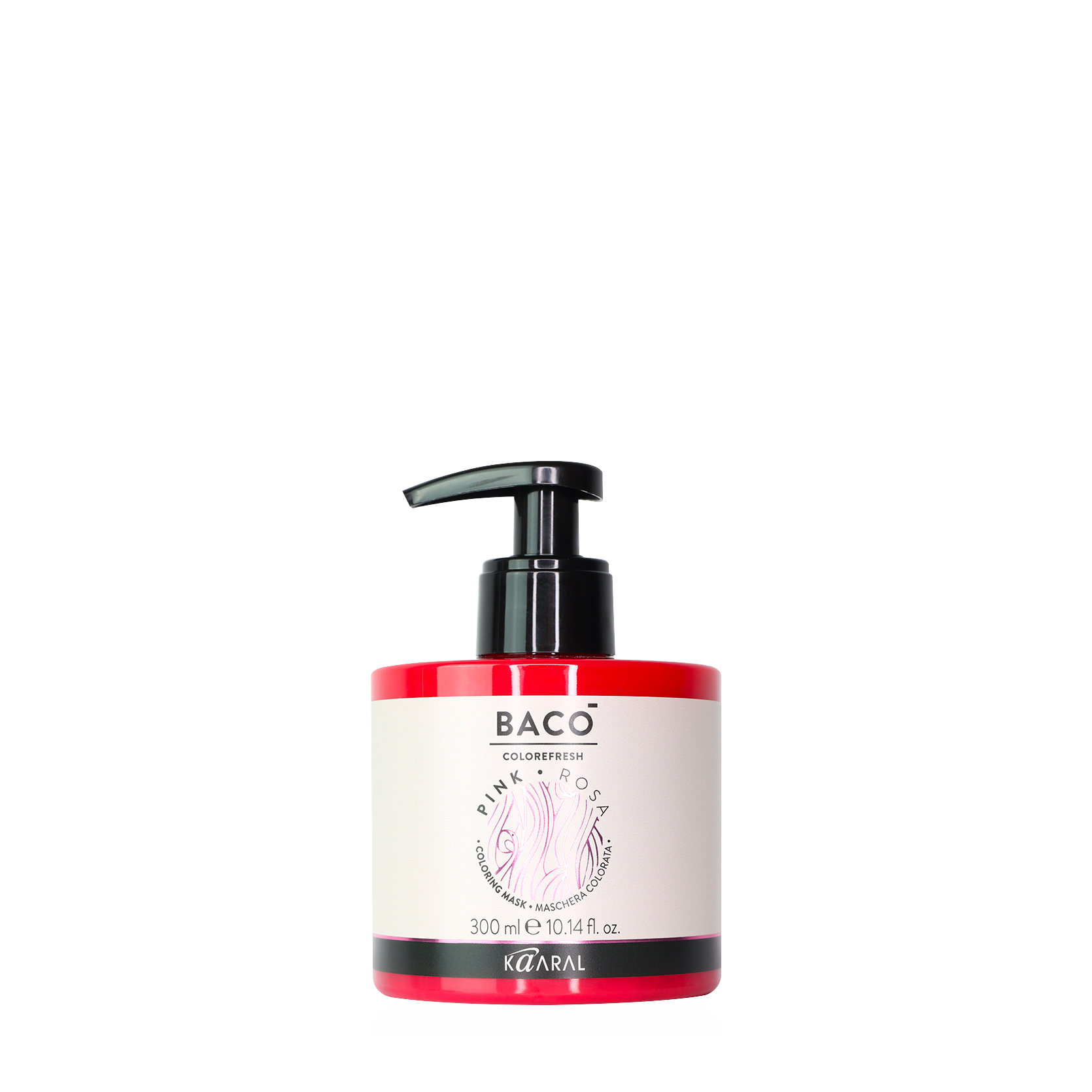 Baco pump bottle filled with pink liquid on a black background