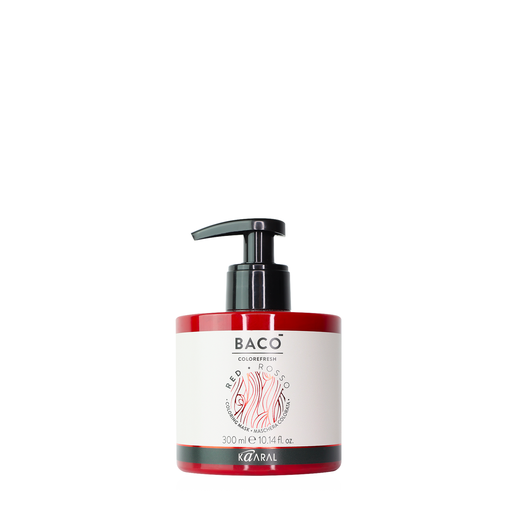Baco pump bottle filled with red liquid on a black background