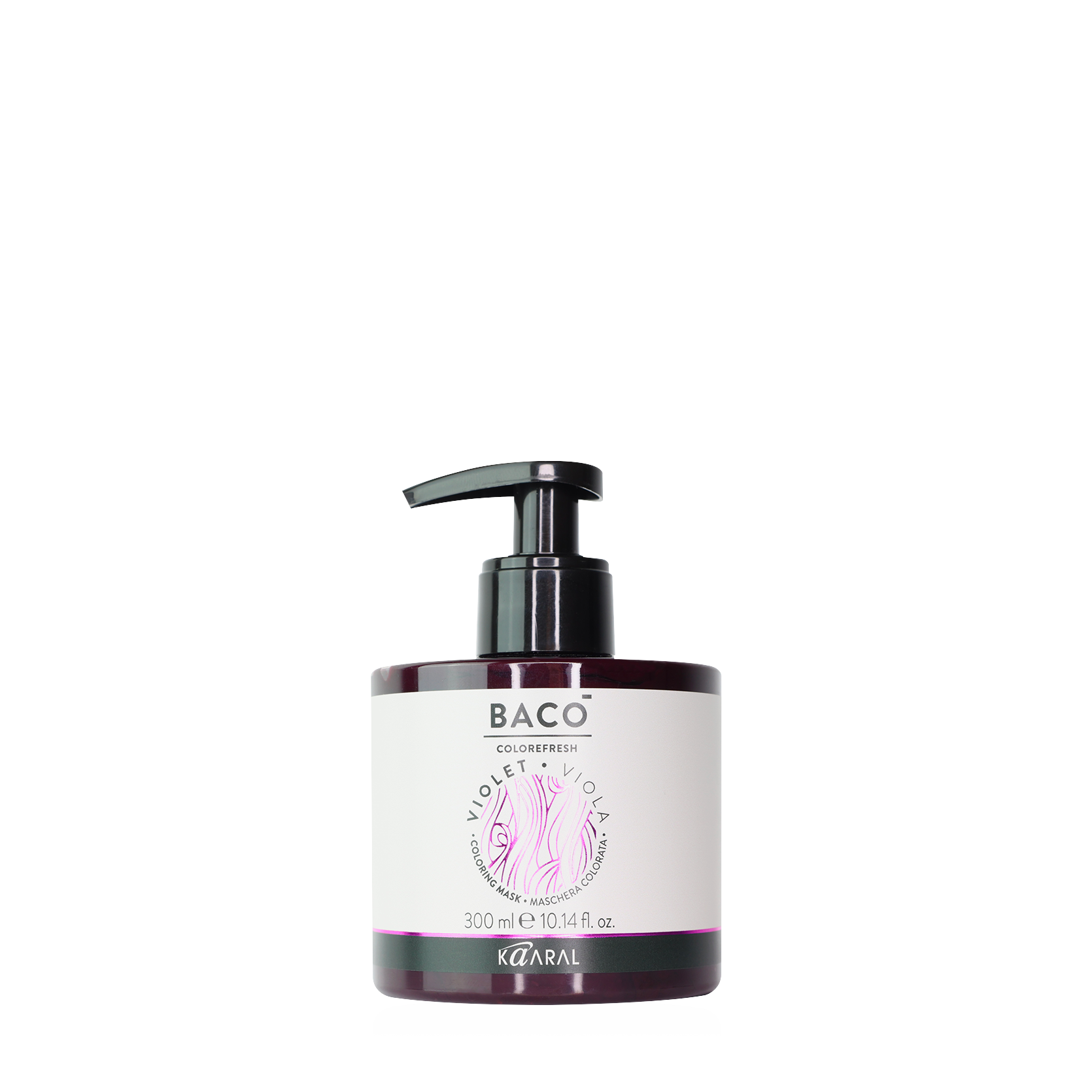 Baco pump bottle filled with purple liquid on a black background
