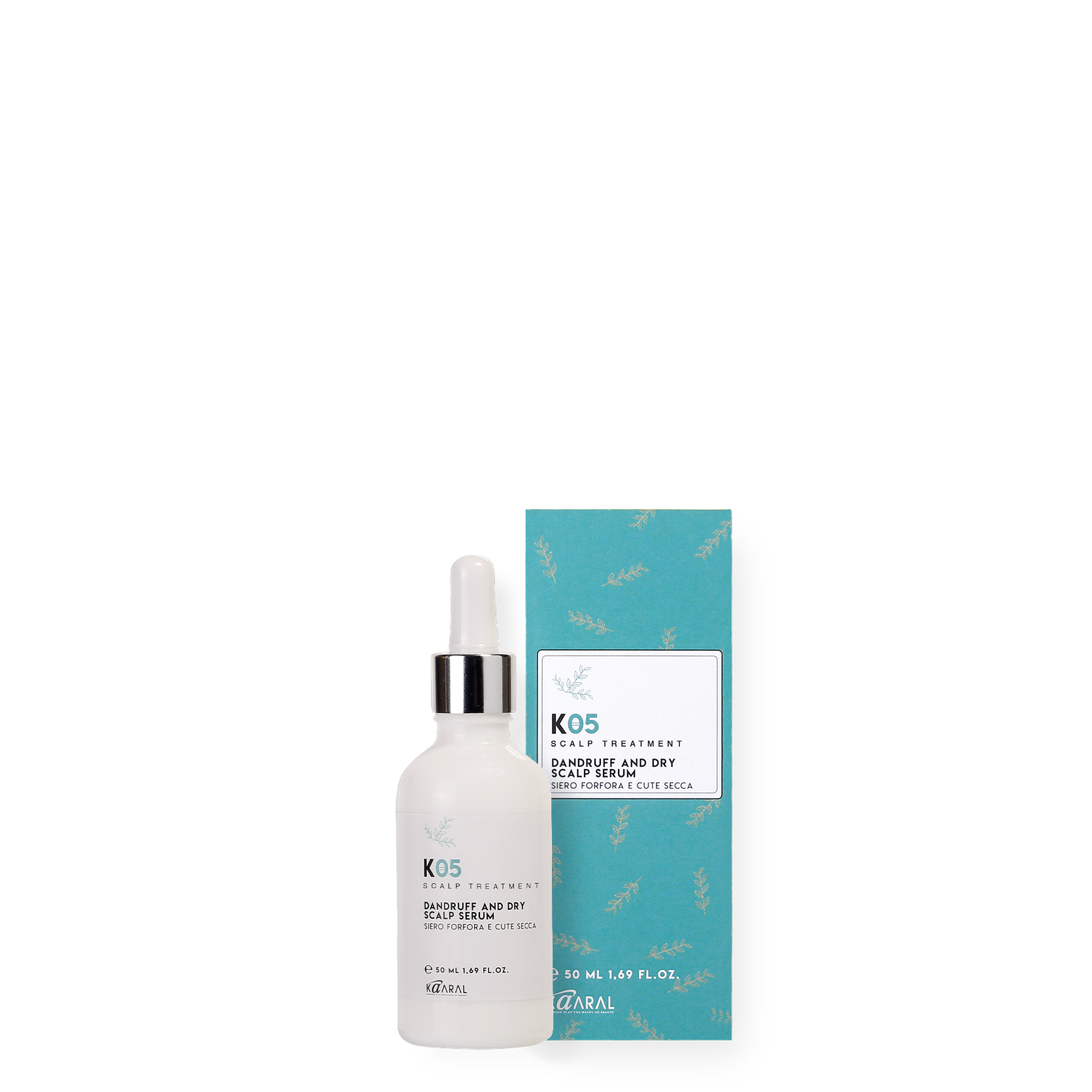 Kaaral K05 Dandruff and Dry Scalp Serum in a 50 ml dropper bottle with turquoise packaging