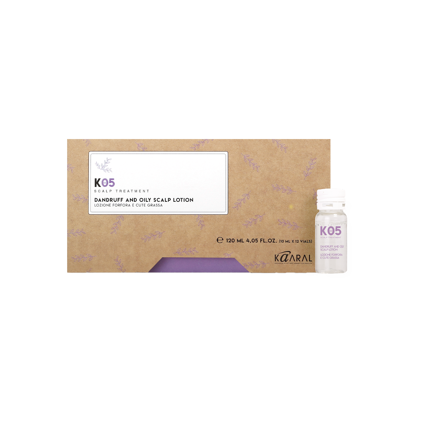K05 Dandruff and Oily Scalp Lotion box with a clear vial