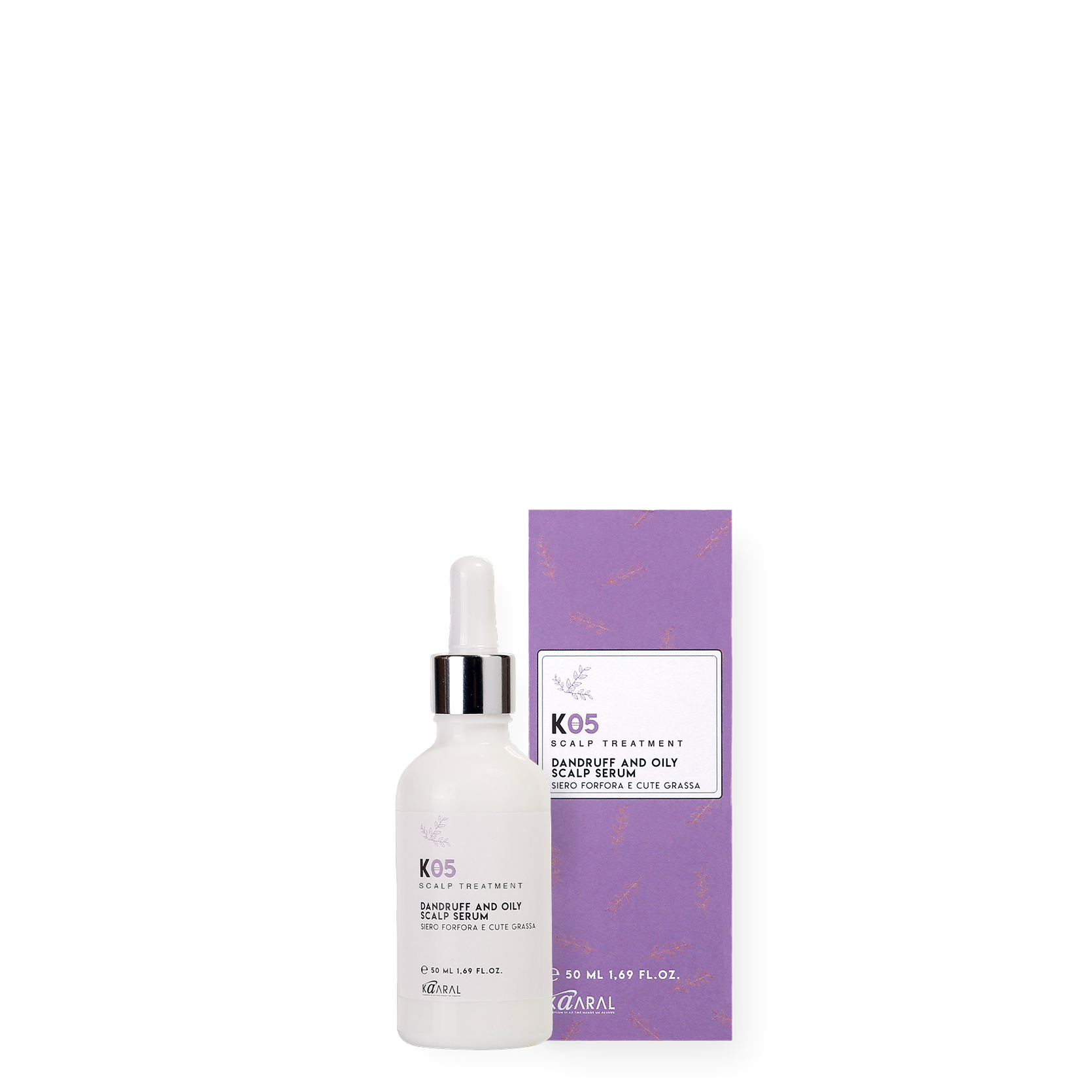 Kaaral K05 Dandruff and Oily Scalp Serum in a 50 ml dropper bottle with purple packaging