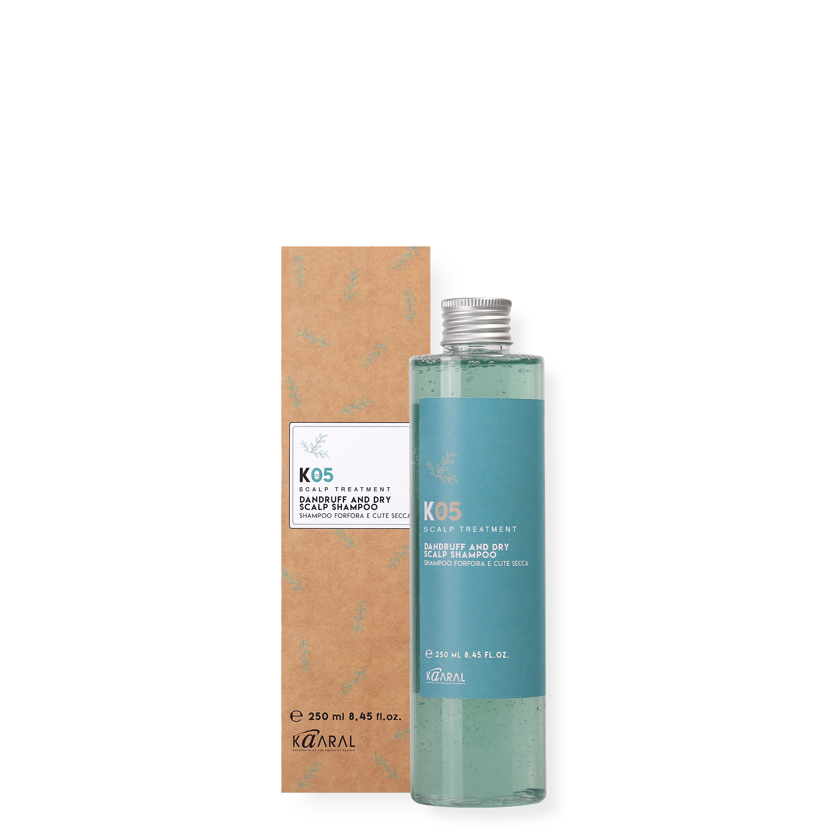 K05 scalp treatment dandruff and dry scalp shampoo bottle beside matching box