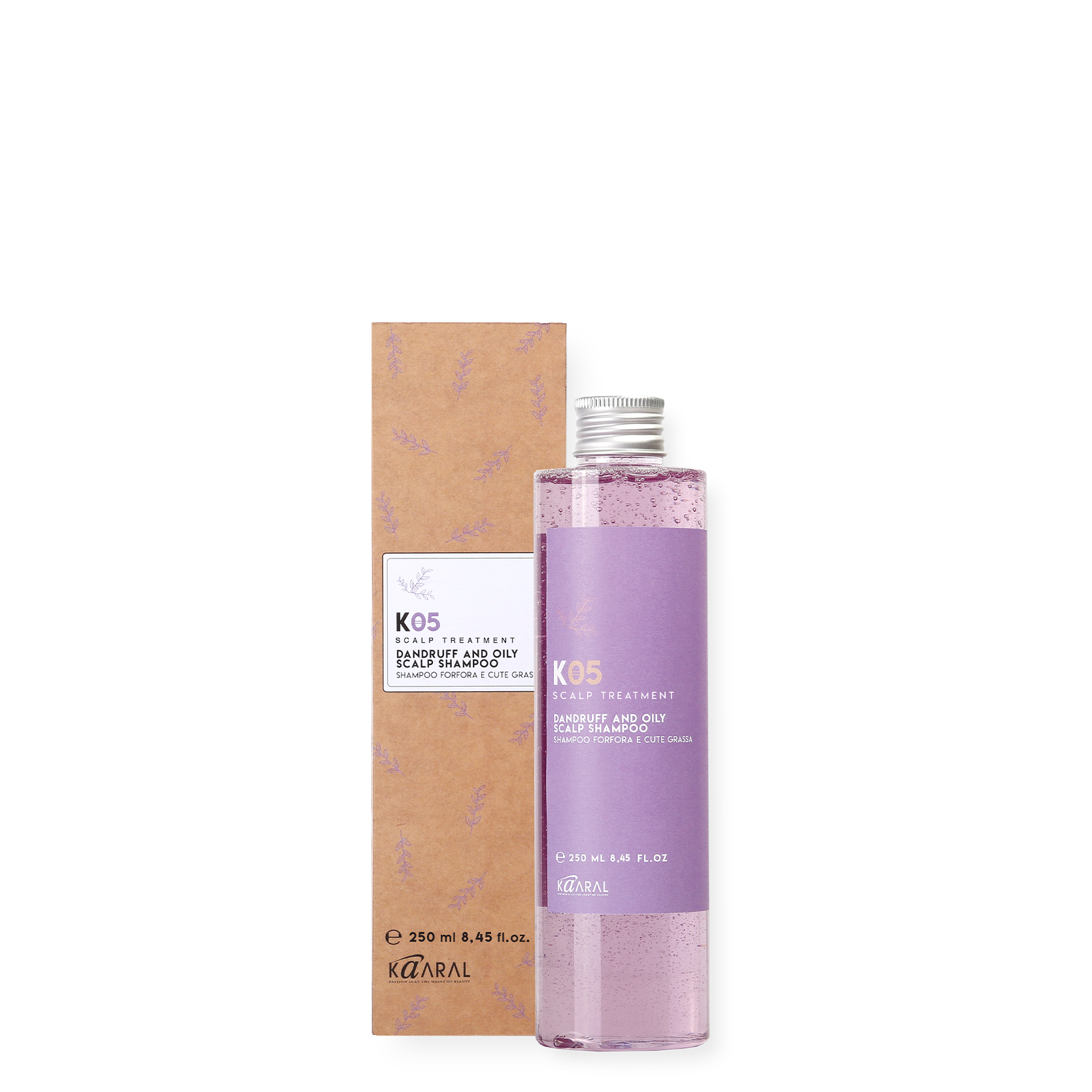 K05 scalp treatment dandruff and oily scalp shampoo bottle beside matching box