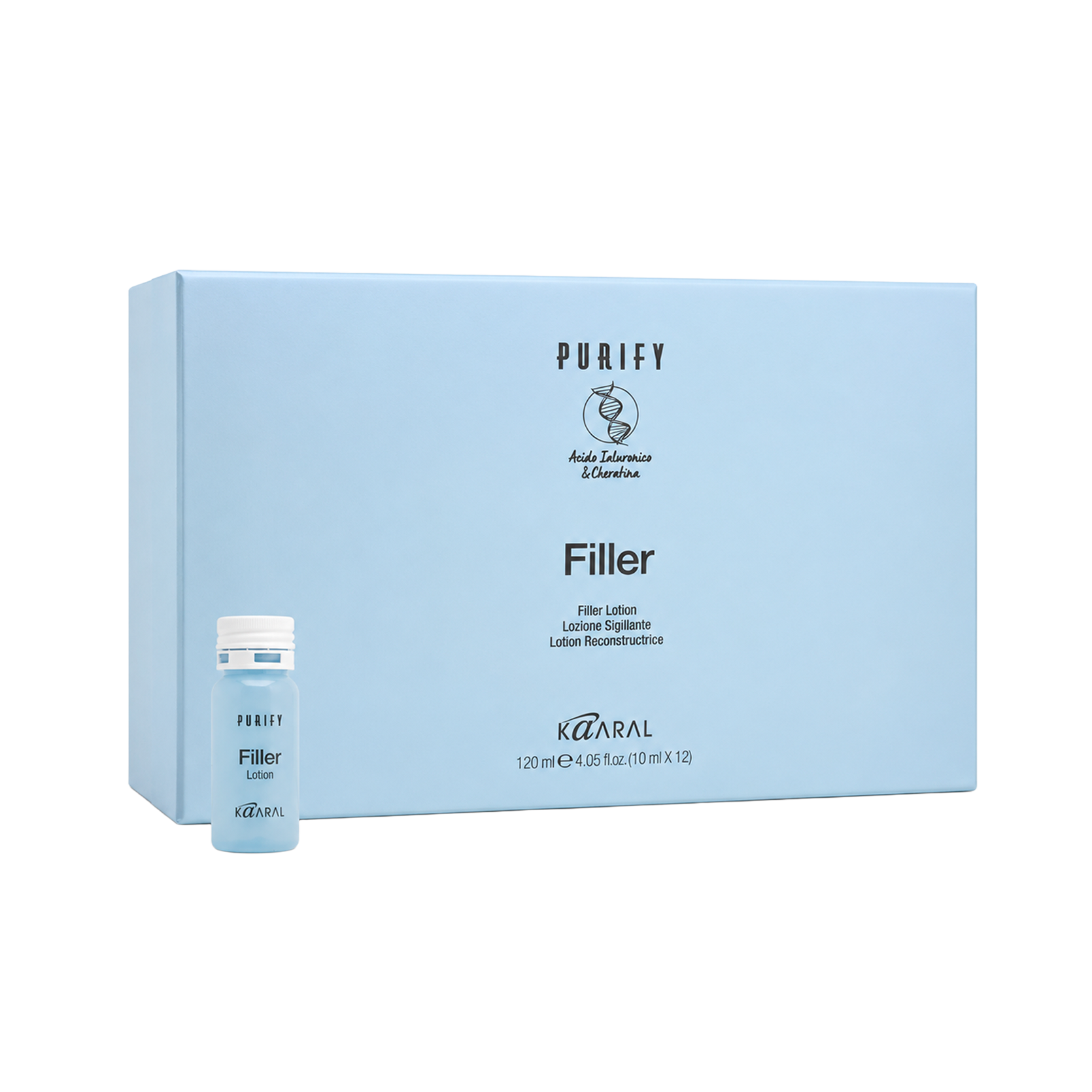 Pale blue Purify Filler box with a small bottle on a black background