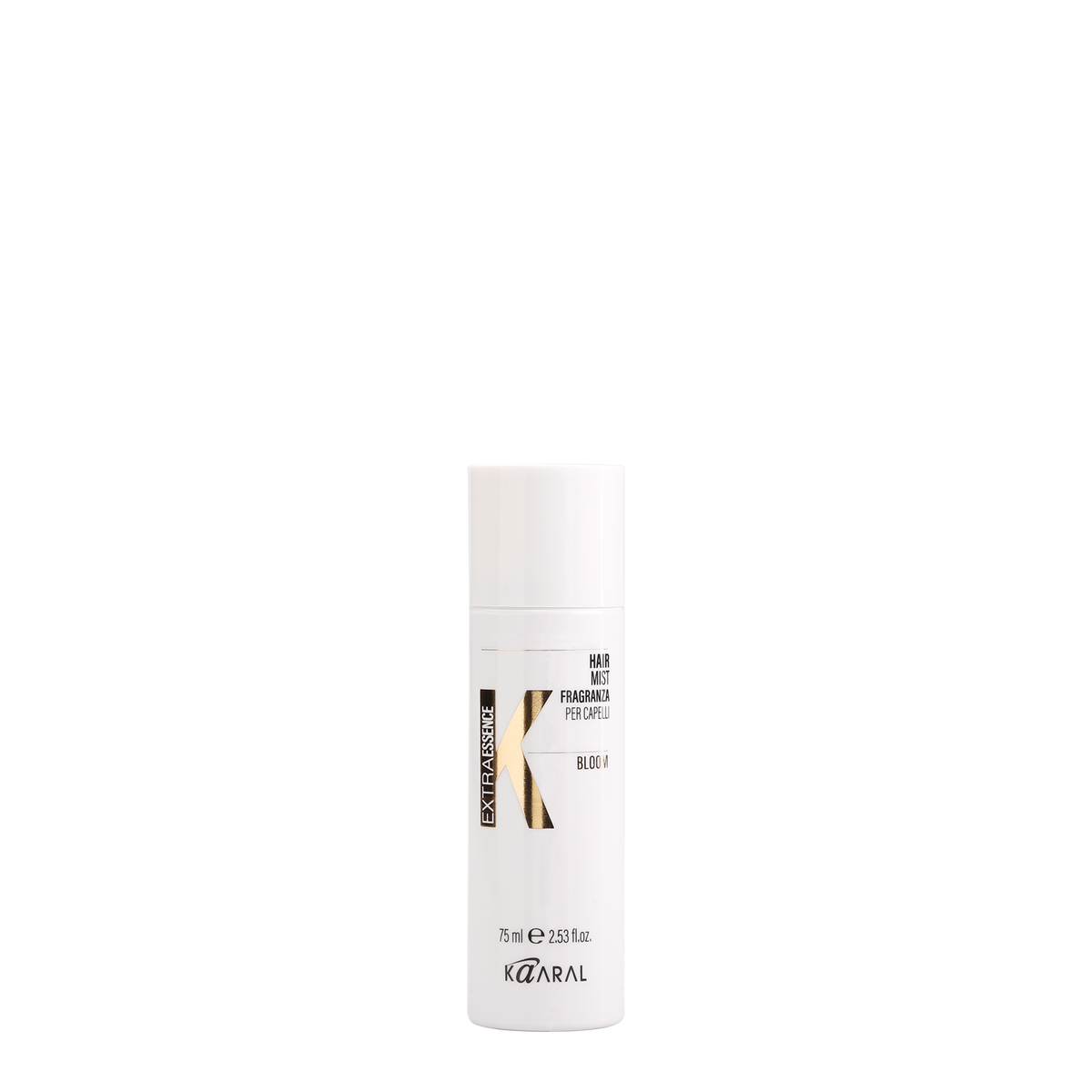 Piccolo flacone bianco K Extra Hair Mist Bloom da 75 ml su sfondo nero