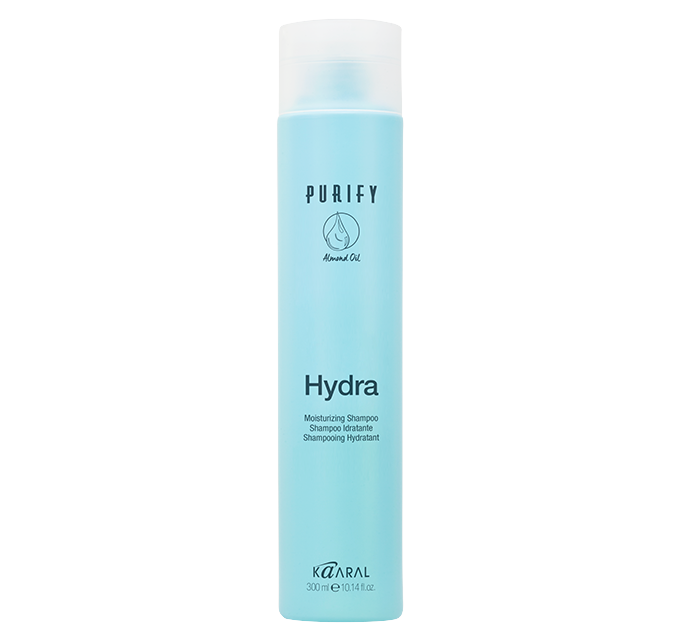 Tall white and blue Purify Hydra bottle on a black background