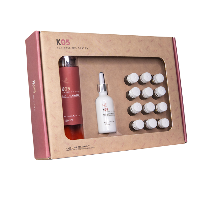 Open K05 kit box with a pink bottle, white vial, and capsules