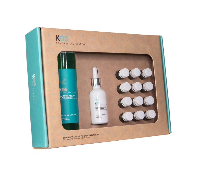 Open teal K05 kit box with bottle and capsules