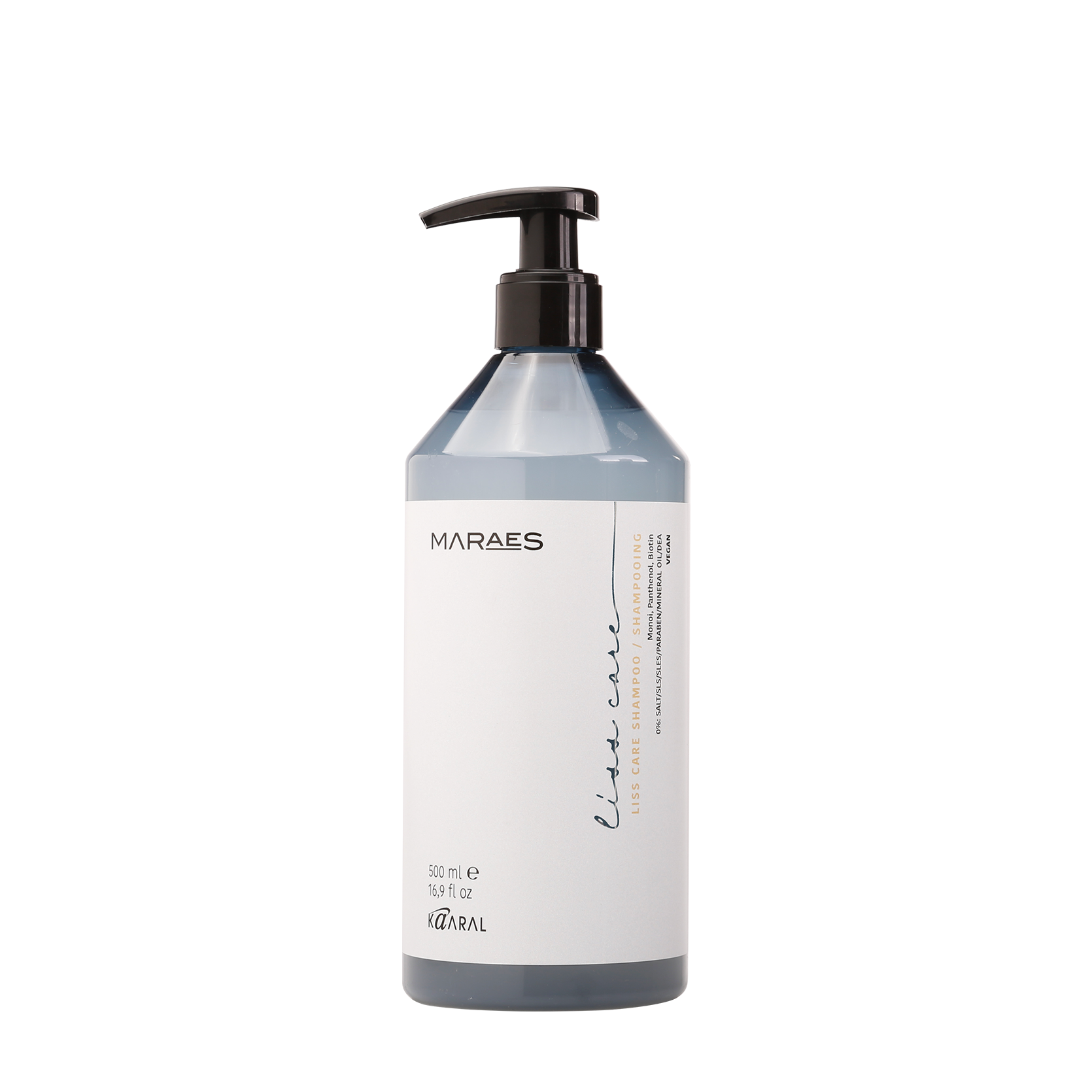 Clear Maraes pump bottle on a black background