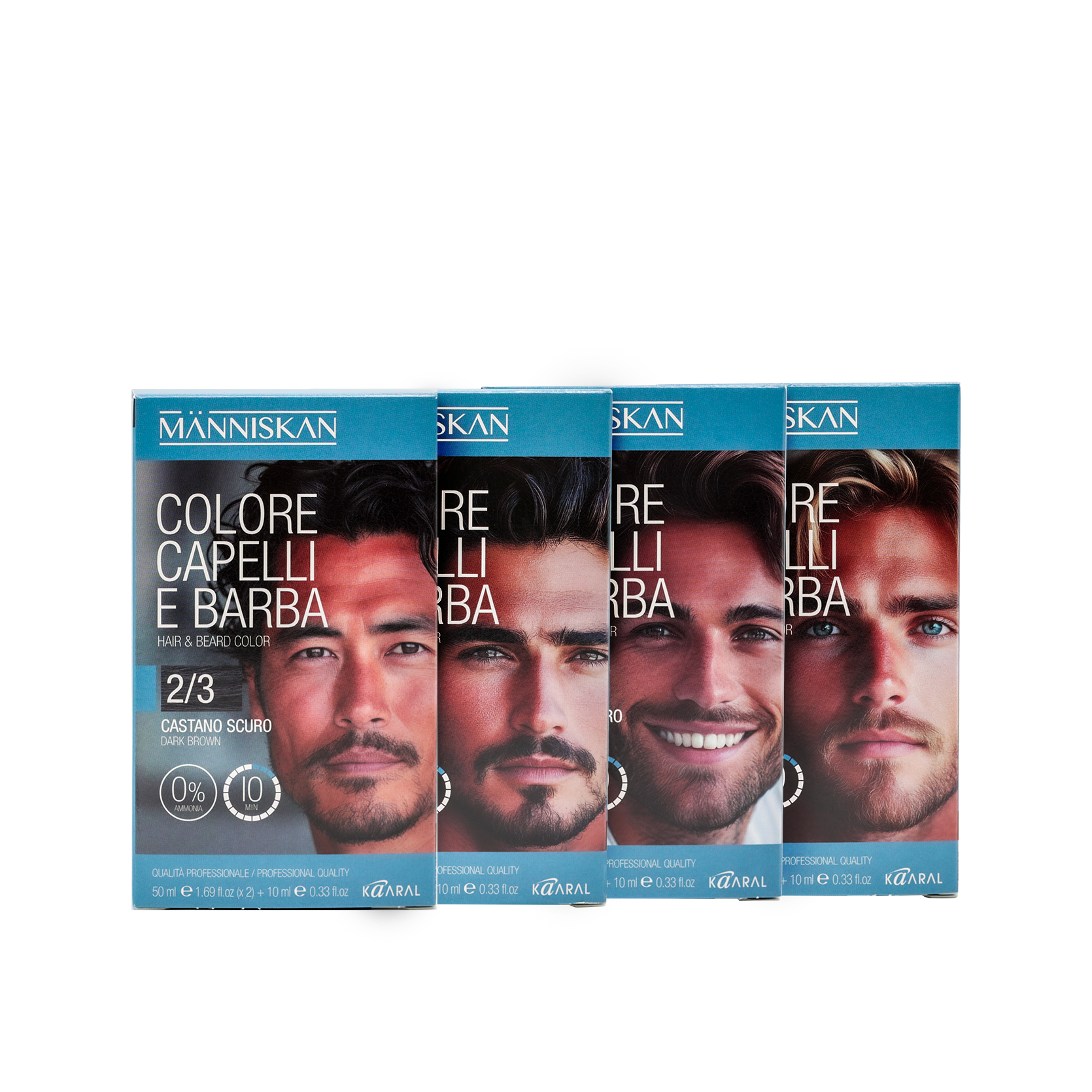 Four Manniskan hair and beard colour boxes with male faces on the packaging