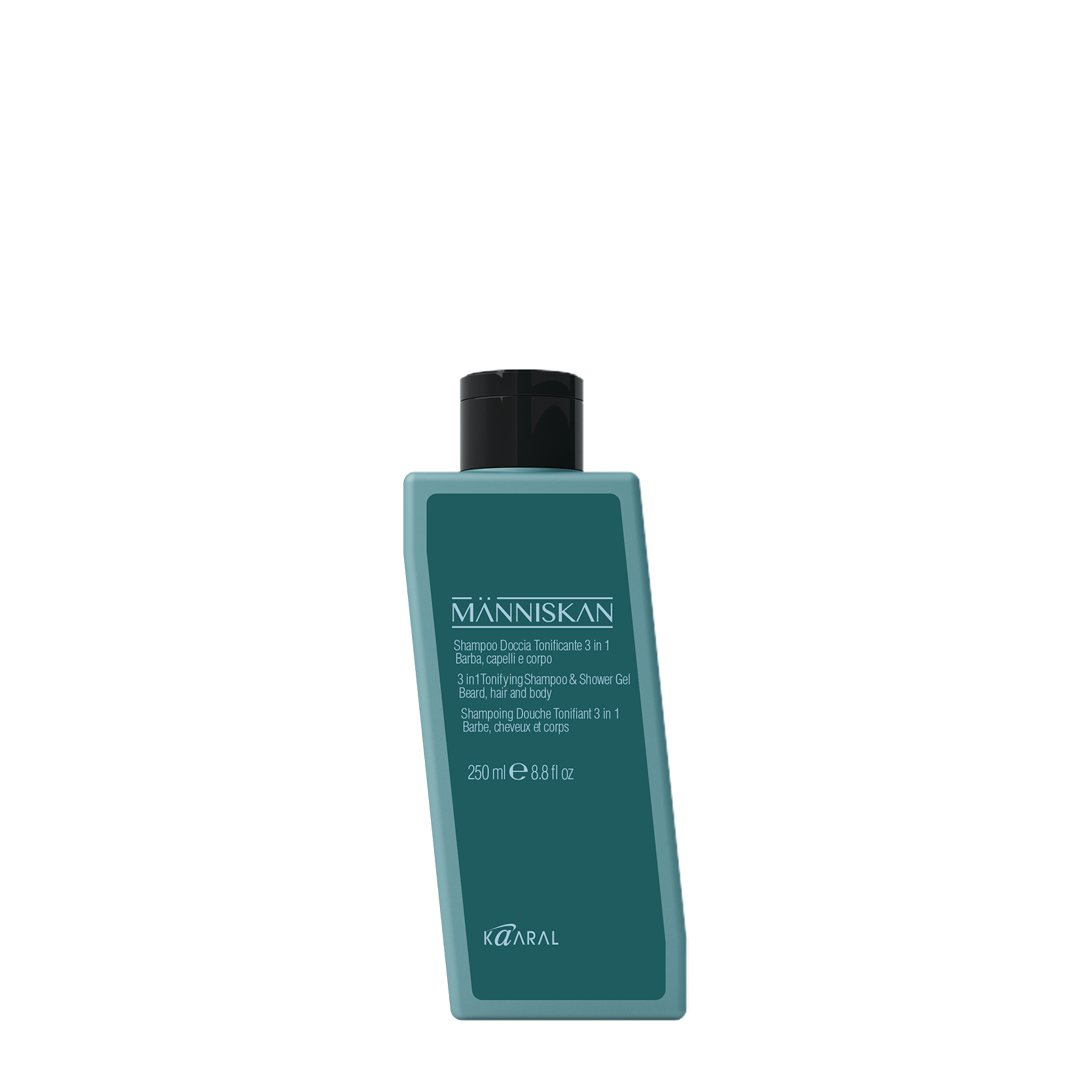 Dark teal Manniskan haircare bottle on a black background