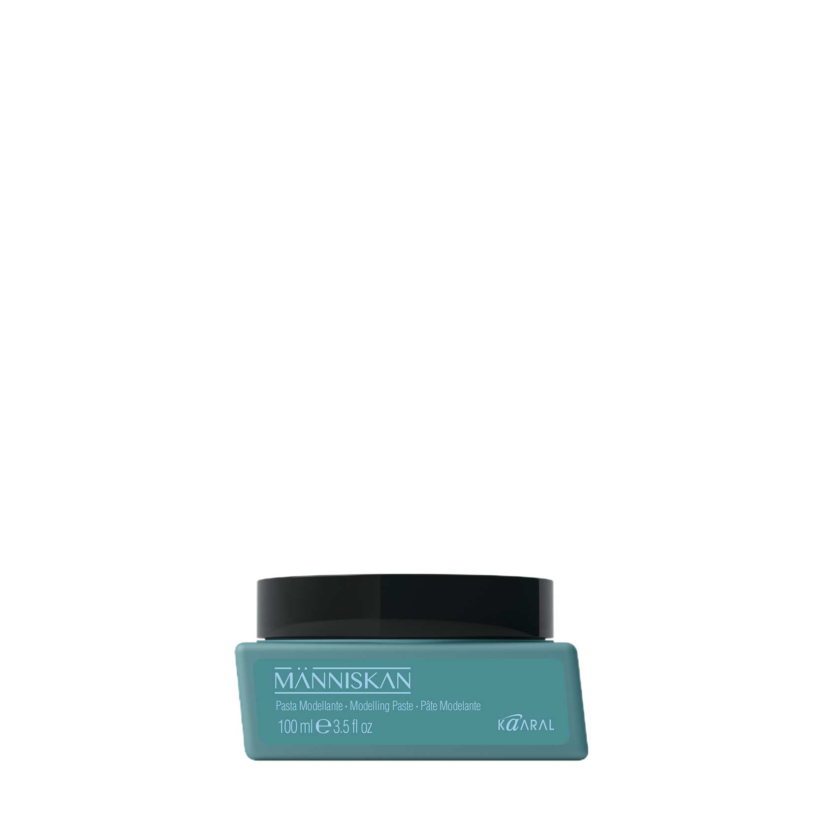 Small teal Manniskan product container on a black background