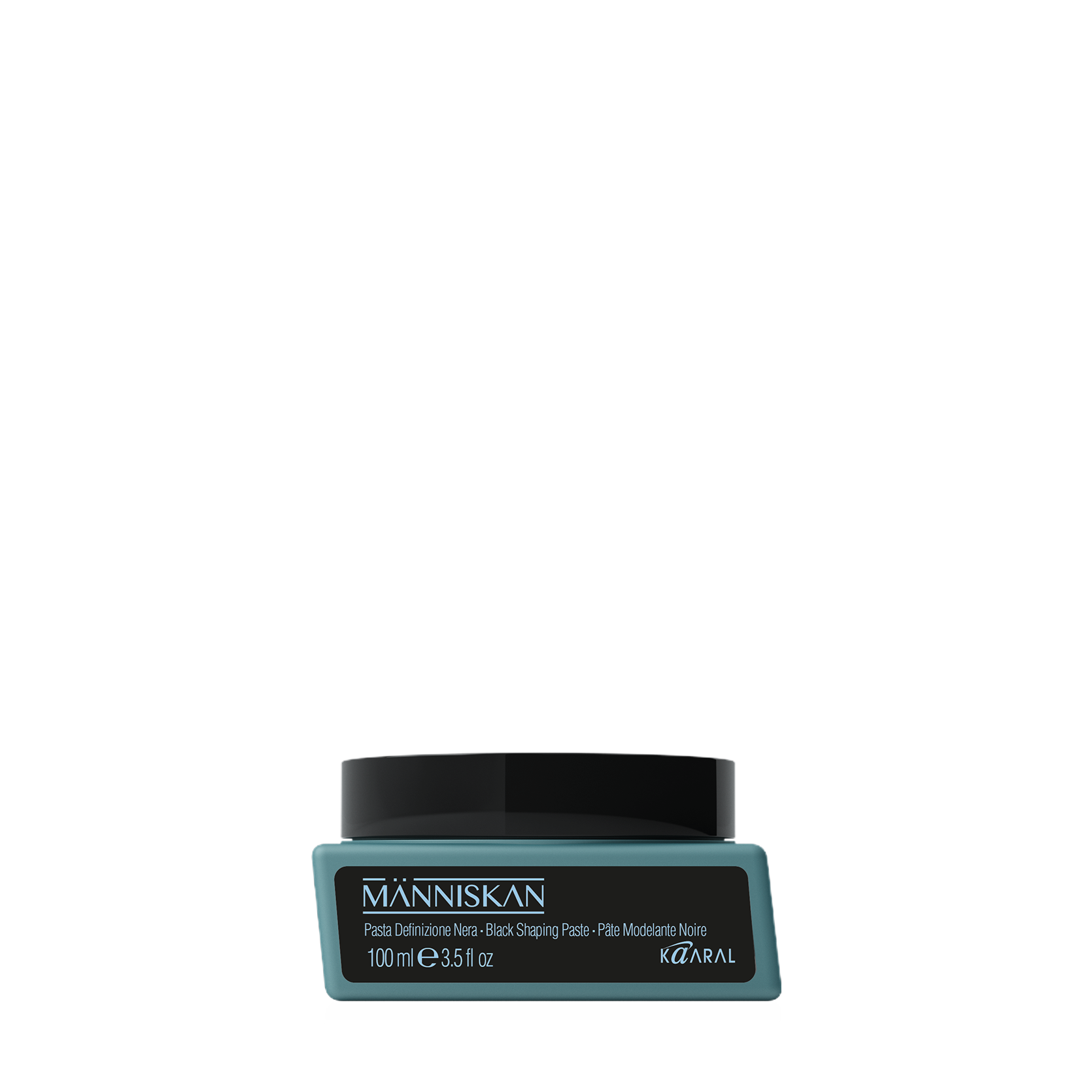Small teal Manniskan product container on a black background