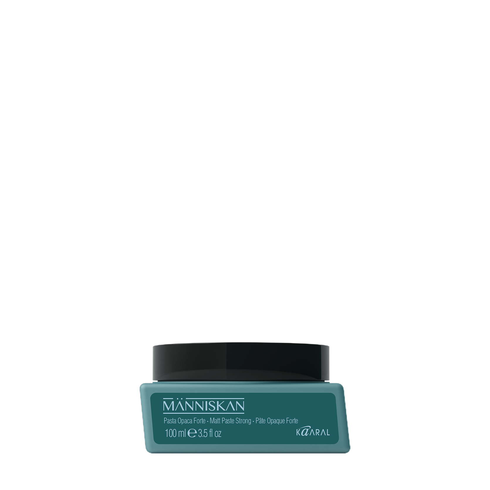 Small teal Manniskan product container on a black background
