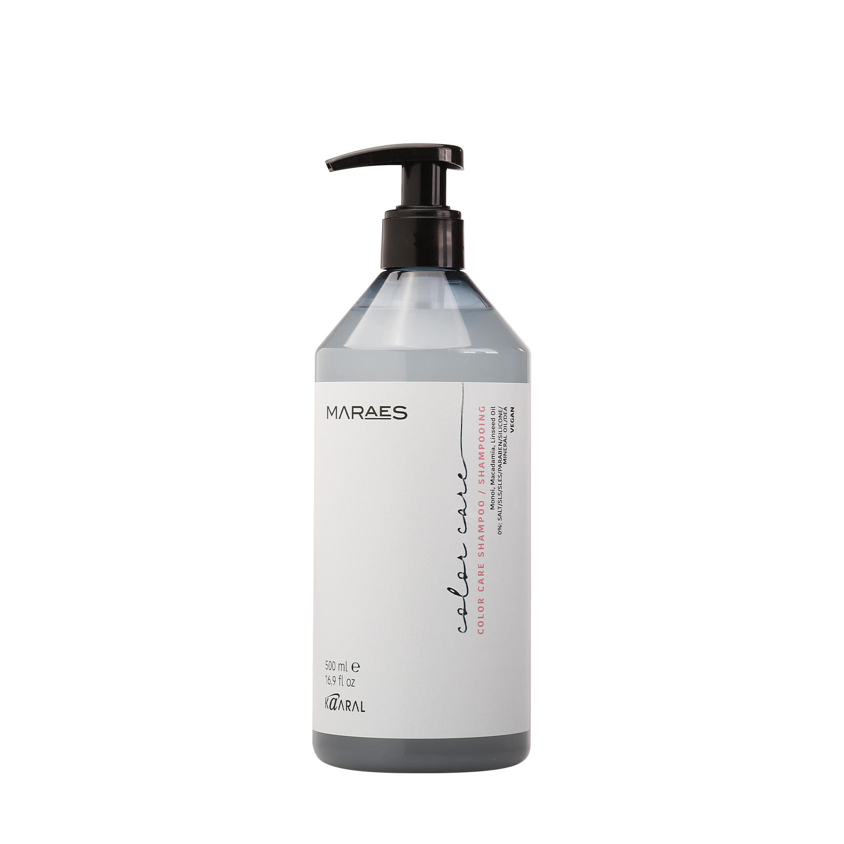 Clear Maraes pump bottle on a black background