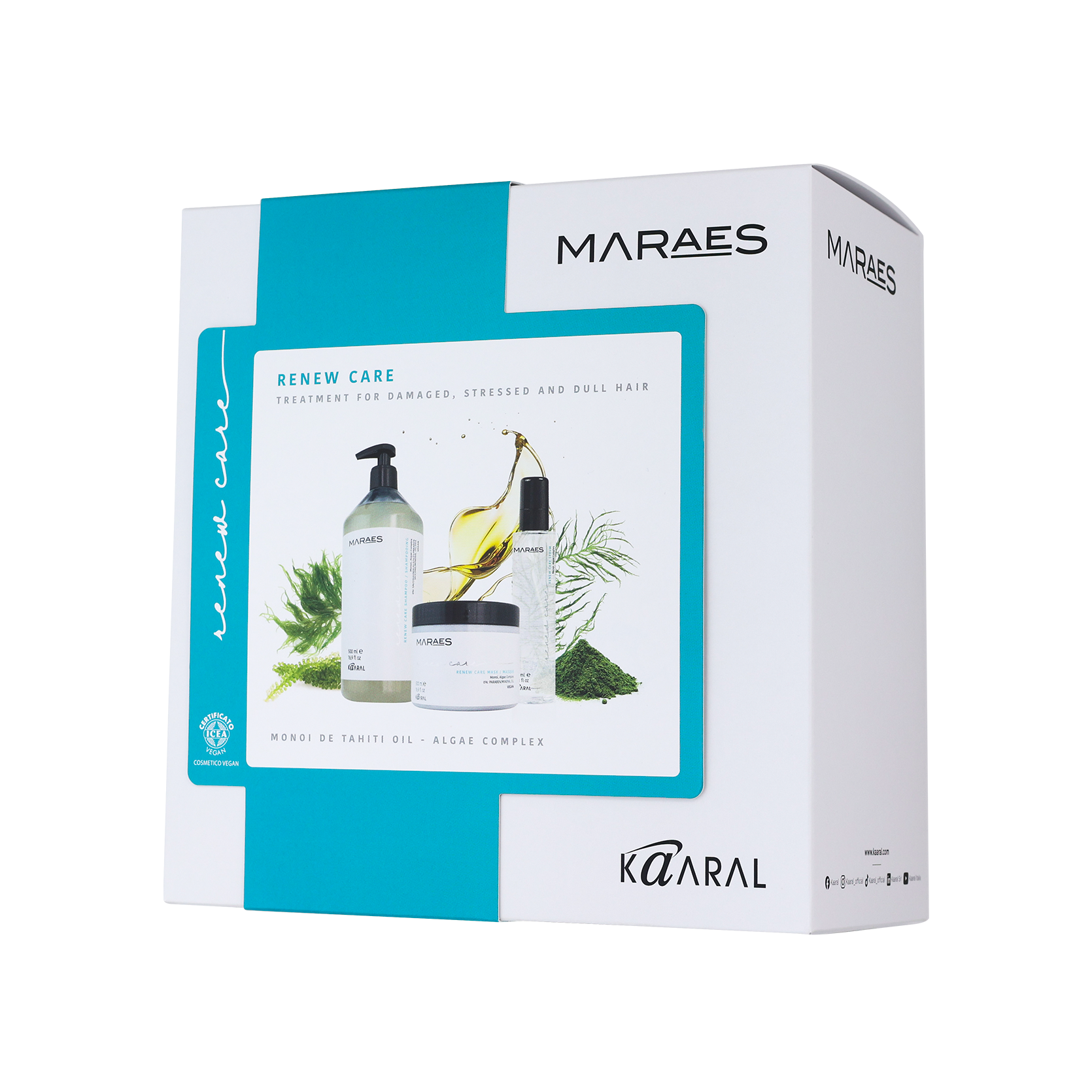 Maraes Renew Care gift box featuring a haircare treatment set on a transparent background.