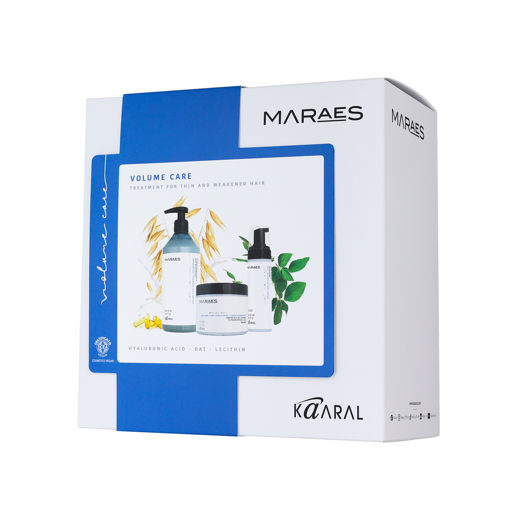 Maraes Volume Care gift box featuring a pump bottle, spray bottle and jar in white and blue packaging