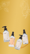 Quattro prodotti Maraes Sun Care per capelli e corpo su sfondo giallo con elementi botanici