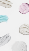 Haircare product textures including cream, gel, foam, and serum arranged on a light background with open space in the center for banner content.