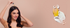 Woman applying hair serum with a dropper to her scalp beside oil and cream textures on a soft beige background with open space in the center for banner content.