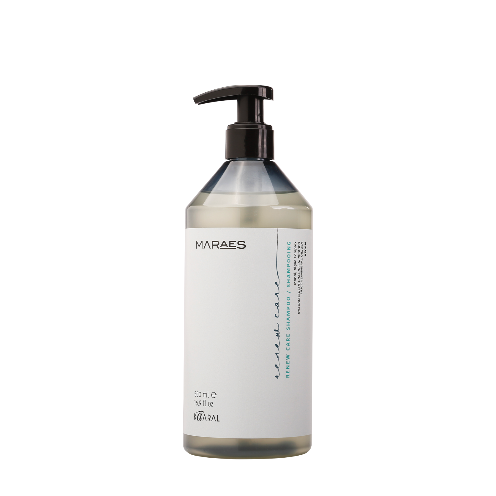 Clear Maraes pump bottle on a black background