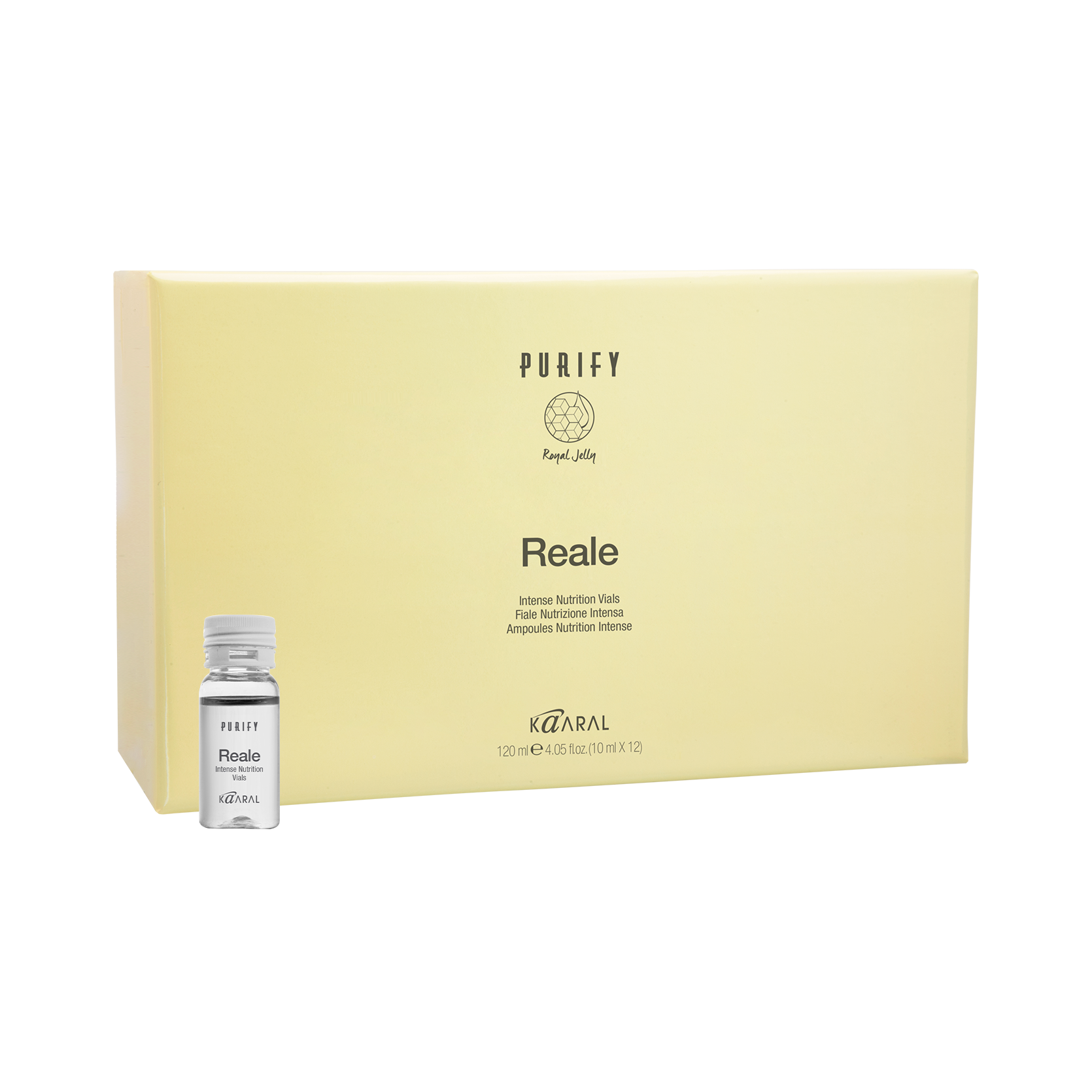 Pale yellow Purify Reale gift box with a small vial on a black background