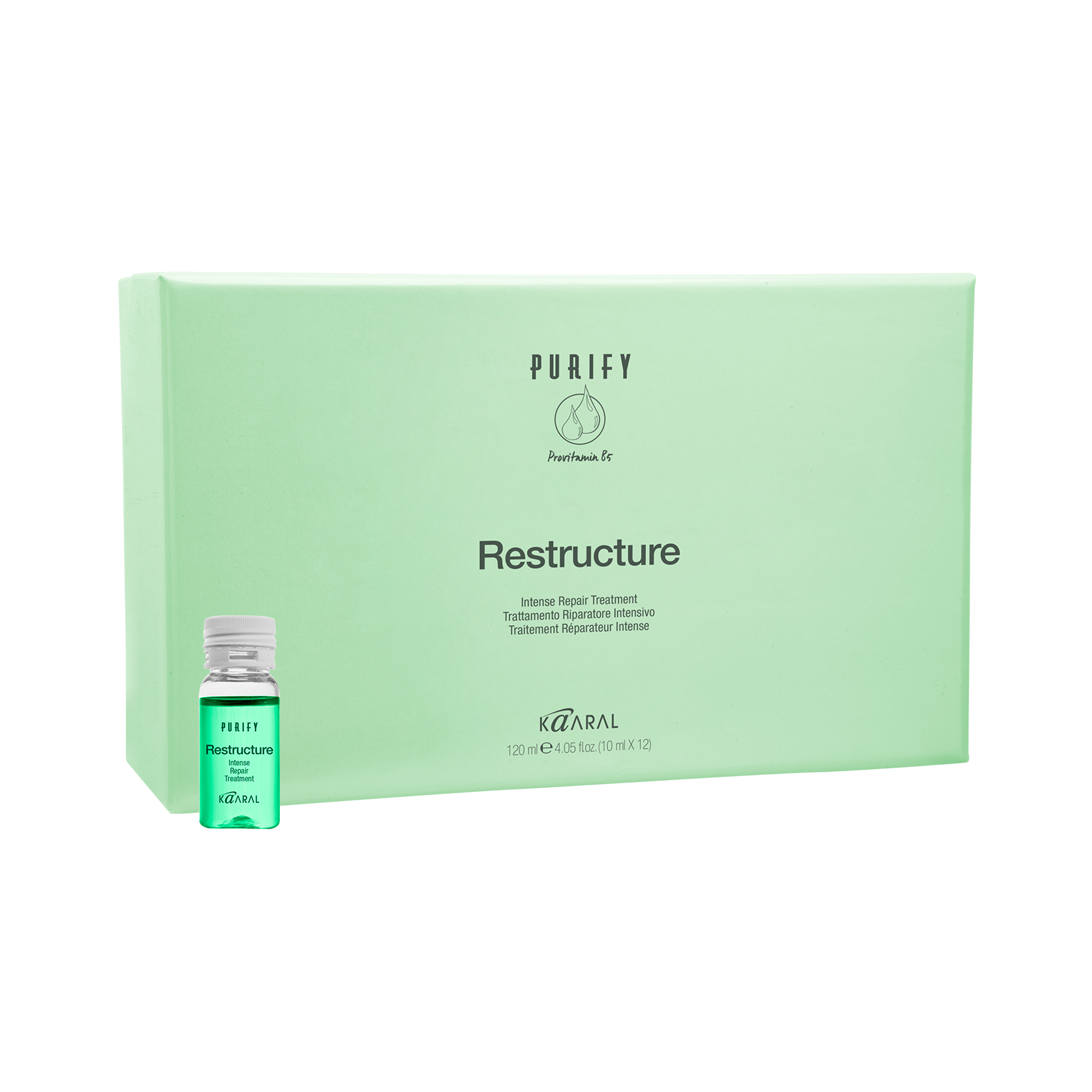 Mint Purify Restructure box with a small vial on a black background