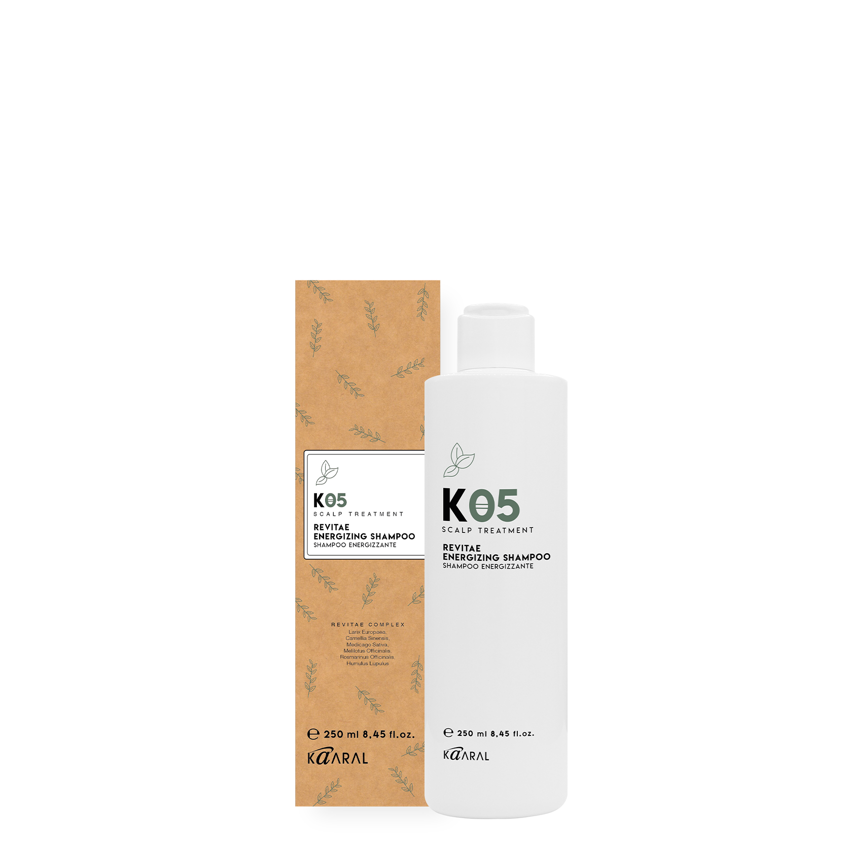 K05 cardboard carton and white bottle on a black background