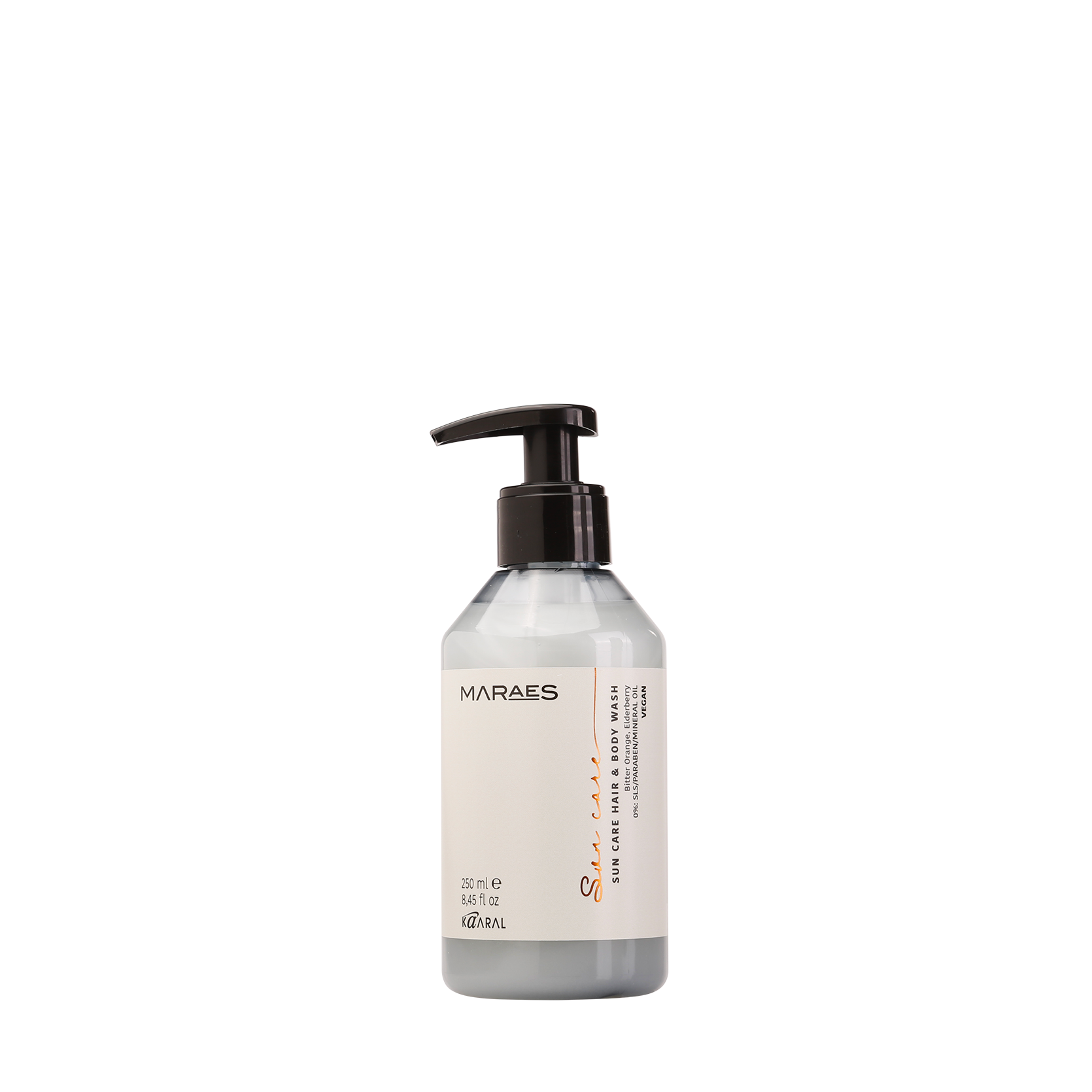 Clear Maraes pump bottle on a black background