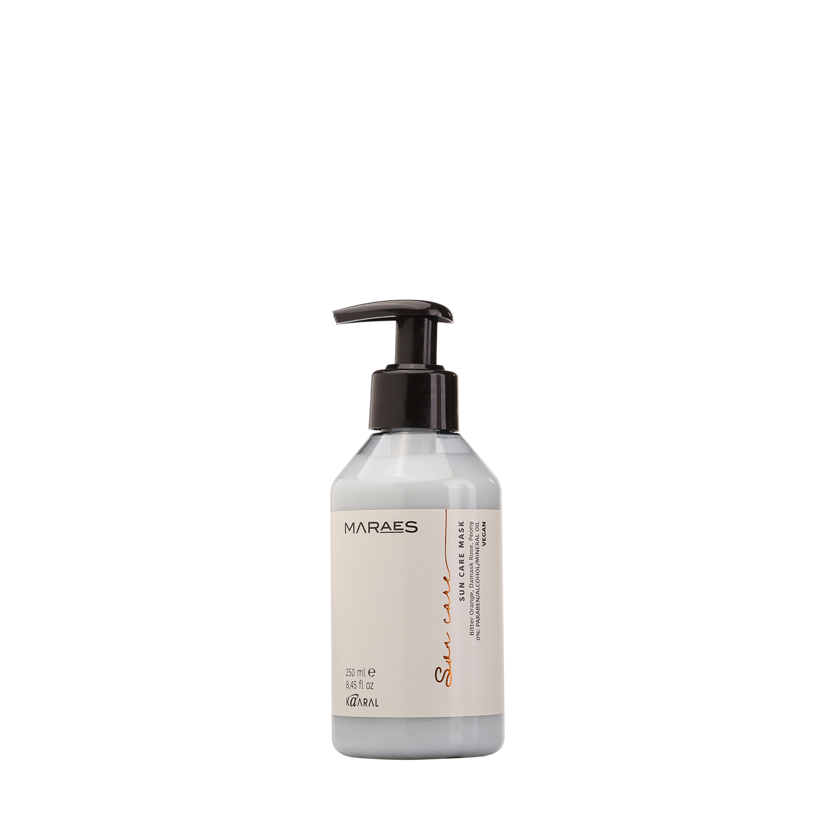 Clear Maraes pump bottle on a black background