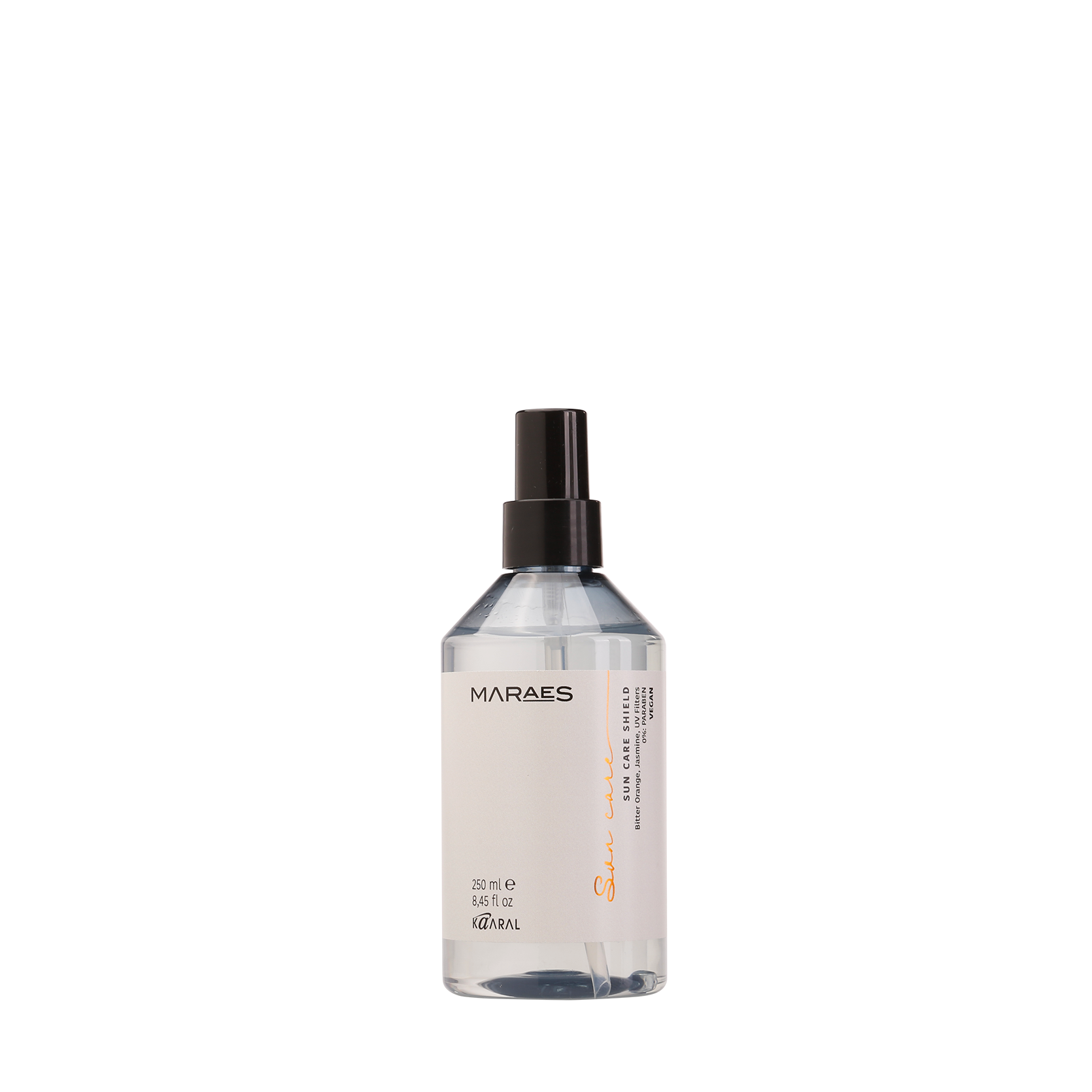 Clear cylindrical spray bottle on a black background