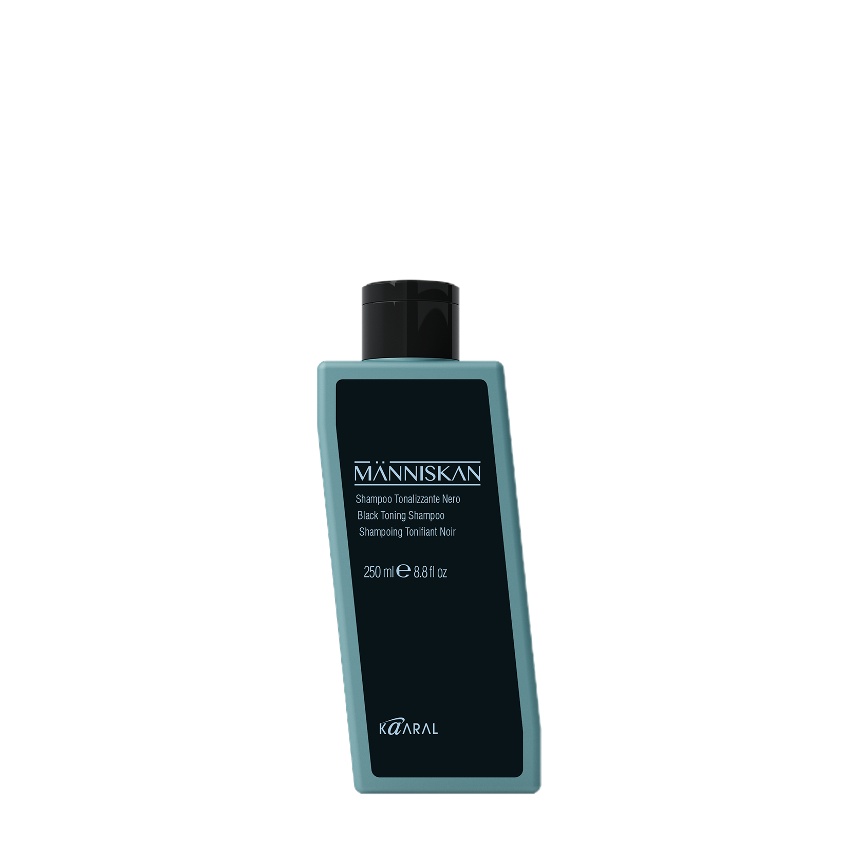 Dark teal Manniskan haircare bottle on a black background