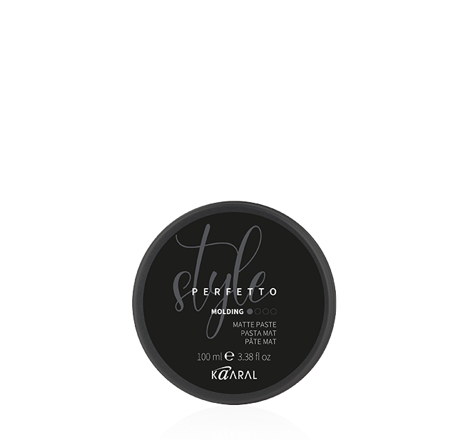 Black round Kaaral hair styling product jar on a black background
