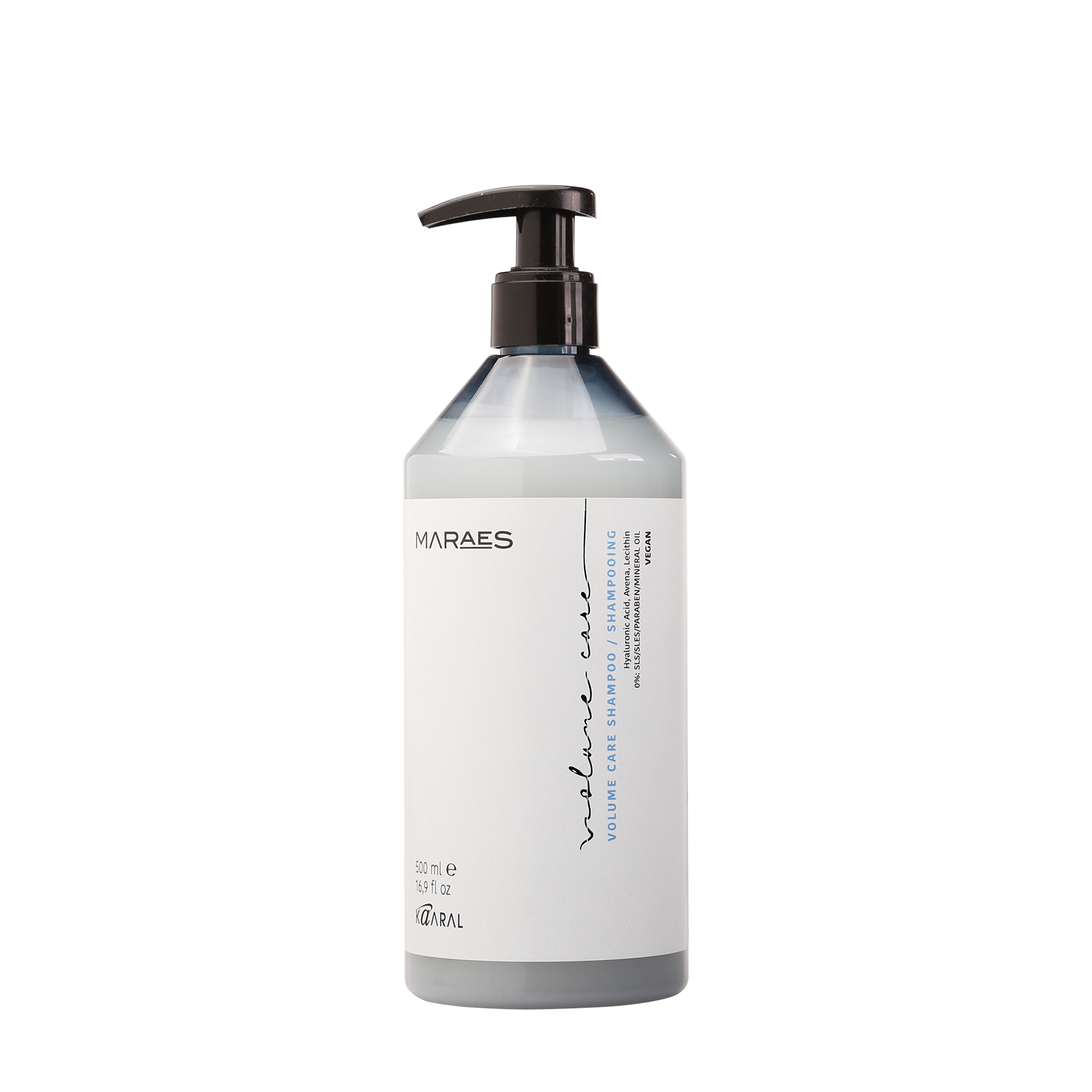 Clear Maraes pump bottle on a black background