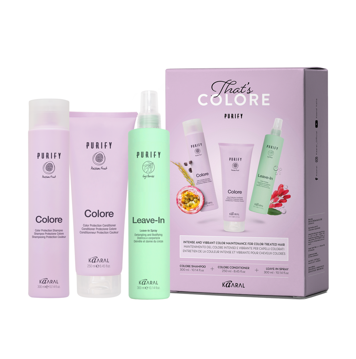 Box Purify Colore con shampoo 300 ml, conditioner 250 ml e Leave-In Spray 300 ml