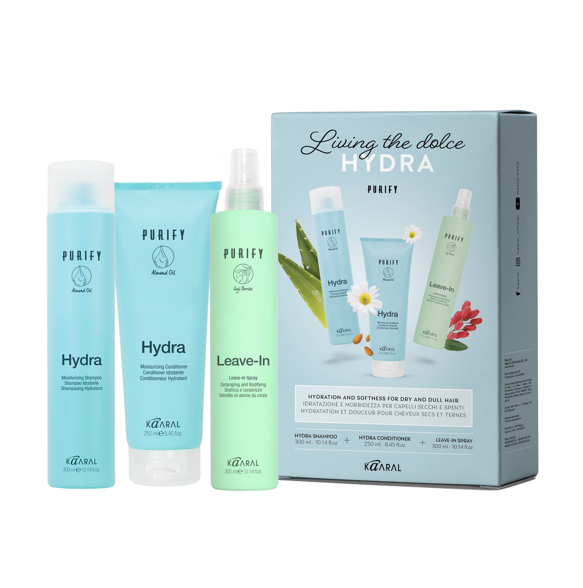 Box Purify Hydra con shampoo 300 ml, conditioner 250 ml e Leave-In Spray 300 ml
